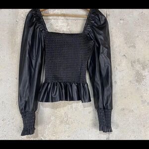 7 for all mankind black faux leather long sleeve smocked crop top